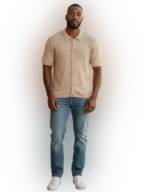 NWT Truth By Republuc Open Knit Button Up Men’s Shirt Large Ivory Camp Collar